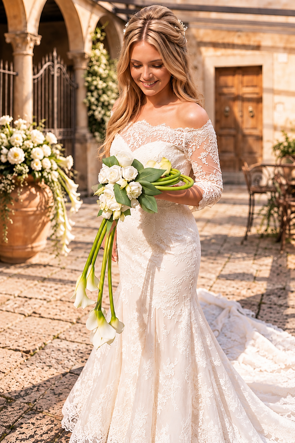 Sposa con bouquet di rose bianche e calle, Floral Design di Il Giardino Volante Lab