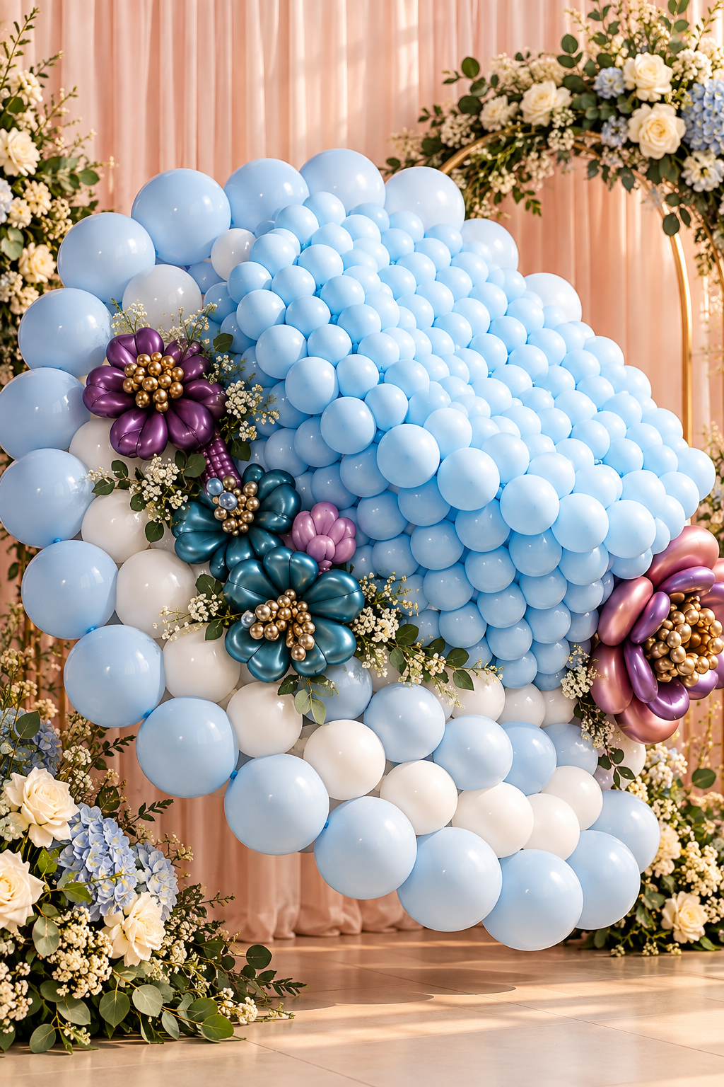 Scultura artistica di palloncini azzurri e fiori metallizzati realizzata da Il Giardino Volante Lab